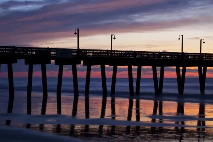 Framed Print : USA, North America, Georgia, Tybee Island. Sunrise with refections at Pier Framed Print : USA, North America, Georgia, Tybee Island. Sunrise with refections at Pier