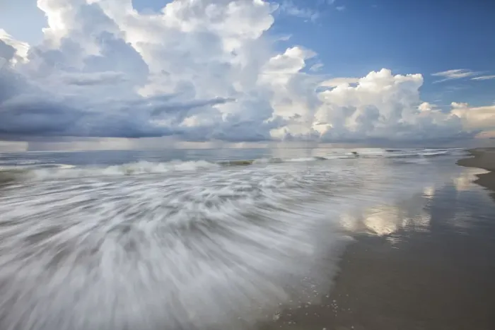 Framed Print : USA; North America; Georgia; Tybee Island; Clouds and waves in morning light at the beach Framed Print : USA; North America; Georgia; Tybee Island; Clouds and waves in morning light at the beach