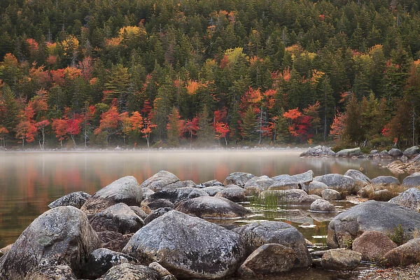 USA; North America, Maine; Acadia National Park; Fall reflections with fog at Jordon pond