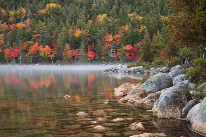 Framed Print : USA; North America, Maine; Acadia National Park; Fall reflections with fog at Jordon pond