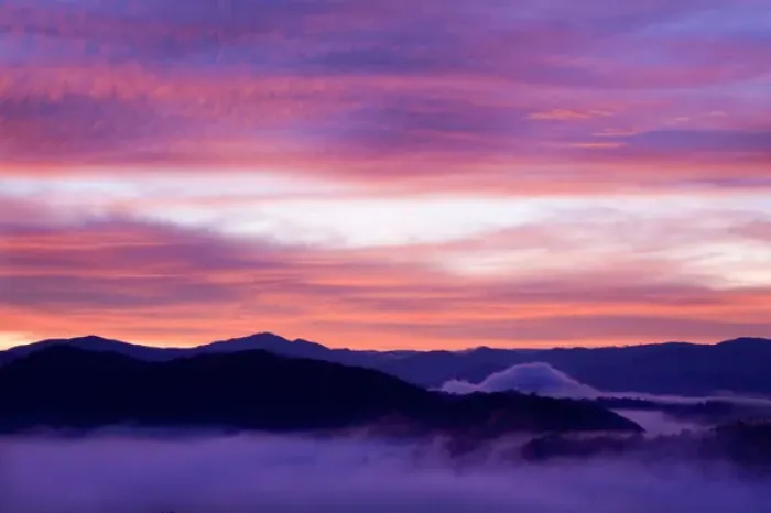 Framed Print : USA, North America, North Carolina, Great Smoky Mountain NP. Fog in mountains at sunrise