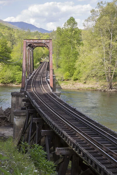 USA, North Carolina. Abandoned railroad trestle spans river