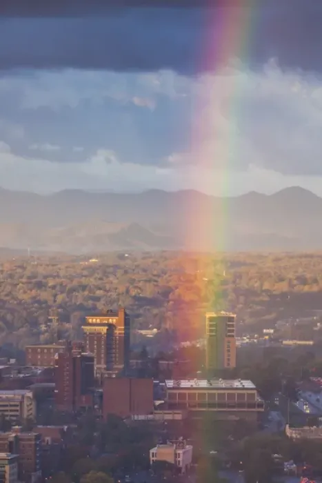 Framed Print : USA, North Carolina, Asheville, elevated city skyline with rainbows, dawn Framed Print : USA, North Carolina, Asheville, elevated city skyline with rainbows, dawn