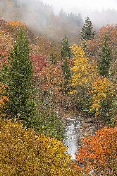 USA, North Carolina, Bubbling Springs Falls. Autumn scenic of the falls. Credit as