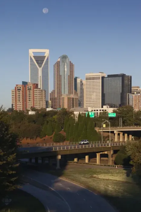 Framed Print : USA, North Carolina, Charlotte, elevated view of the city skyline from Route 74, morning Framed Print : USA, North Carolina, Charlotte, elevated view of the city skyline from Route 74, morning