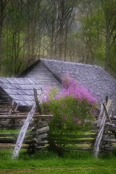 USA, North Carolina, Great Smoky Mountains National Park. Double-exposure of a log cabin
