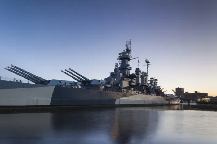 Framed Print : USA, North Carolina, Wilmington, Battleship USS North Carolina, BB-55, dawn
