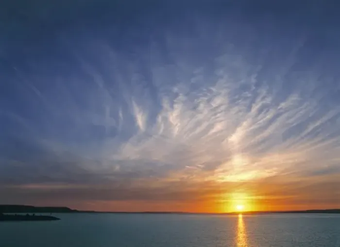 Framed Print : USA, North Dakota, Lake Sakakawea. Cirrus clouds take on the colors of the sun setting Framed Print : USA, North Dakota, Lake Sakakawea. Cirrus clouds take on the colors of the sun setting