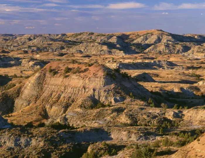 Framed Print : USA, North Dakota, Theodore Roosevelt National Park, Evening light defines eroded
