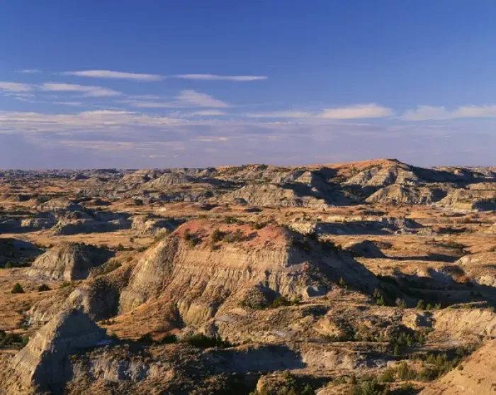 Framed Print : USA, North Dakota, Theodore Roosevelt National Park, Evening light defines eroded