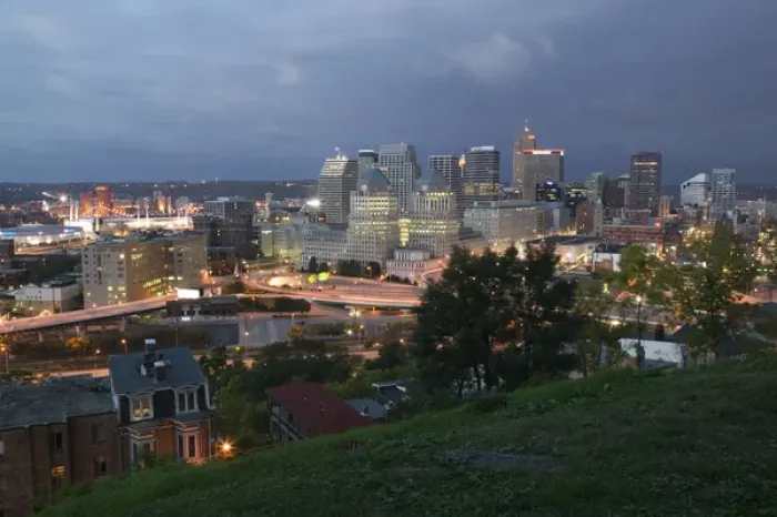 Framed Print : USA-Ohio-Cincinnati: Downtown View from Mt. Adams Neighborhood  /  Pre-Dawn