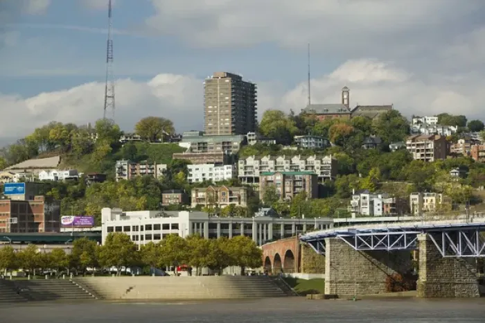 Framed Print : USA-Ohio-Cincinnati: Mt. Adams Neighborhood and Purple People Bridge