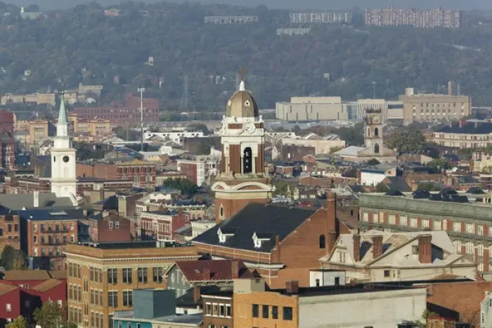 Framed Print : USA-Ohio-Cincinnati: Over the Rhein Neighborhood from Mt. Adams  /  Morning