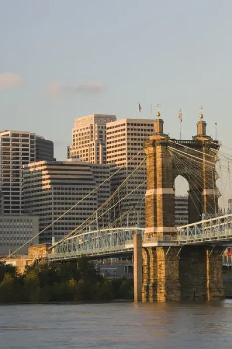 Framed Print : USA-Ohio-Cincinnati: Roebling Suspension Bridge (b. 1876) over the Ohio River  /  Sunset