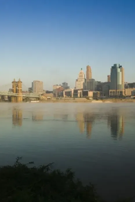 Framed Print : USA, Ohio, Cincinnati: Skyline with fog on the Ohio River  /  Sunrise