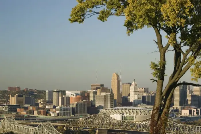 Framed Print : USA-Ohio-Cincinnati: Sunset City View from Devou Park in Covington, Kentucky