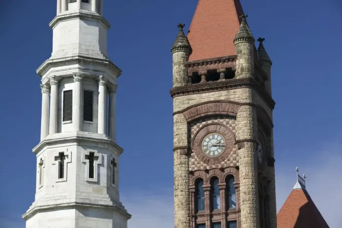 Framed Print : USA-Ohio-Cincinnati: Towers of St. Peter in Chains Cathedral and Cincinnati City Hall