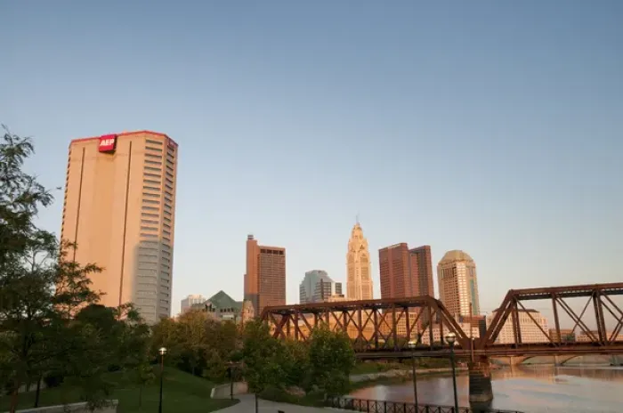 Framed Print : USA, Ohio, Columbus: City skyline and the Scioto River Framed Print : USA, Ohio, Columbus: City skyline and the Scioto River