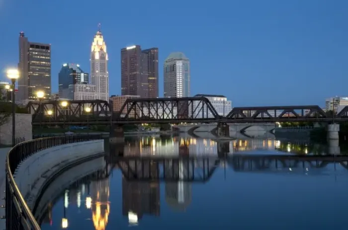 Framed Print : USA, Ohio, Columbus: City skyline and the Scioto River Framed Print : USA, Ohio, Columbus: City skyline and the Scioto River