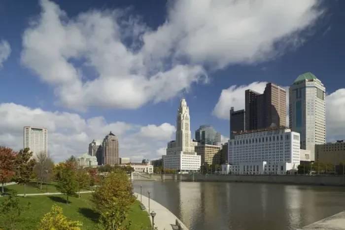 Framed Print : USA-Ohio-Columbus: City Skyline along Sciotto River / Daytime Autumn Framed Print : USA-Ohio-Columbus: City Skyline along Sciotto River / Daytime Autumn