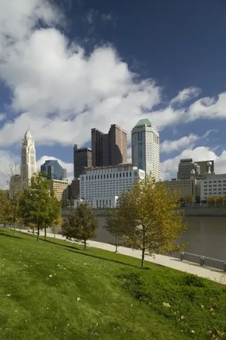 Framed Print : USA, Ohio, Columbus: City Skyline along Sciotto River / Daytime Autumn Framed Print : USA, Ohio, Columbus: City Skyline along Sciotto River / Daytime Autumn