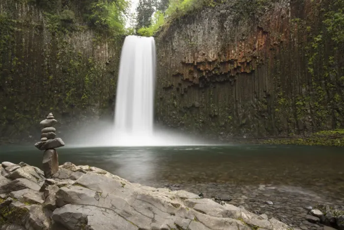 Framed Print : USA, Oregon. Abiqua Falls and stacked pile of rocks Framed Print : USA, Oregon. Abiqua Falls and stacked pile of rocks