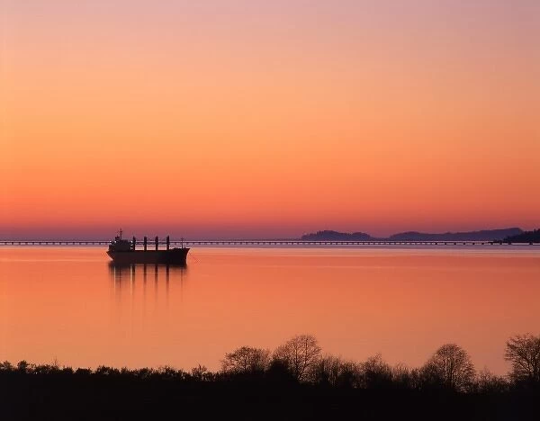 USA, Oregon, Astoria, Columbia River, Freighter anchored at sunset waiting to dock