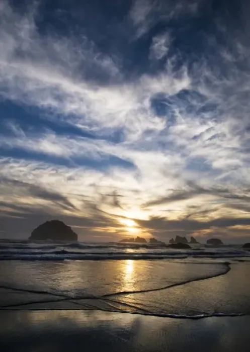 Framed Print : USA, Oregon, Bandon Beach. Face Rock and sea stacks at twilight