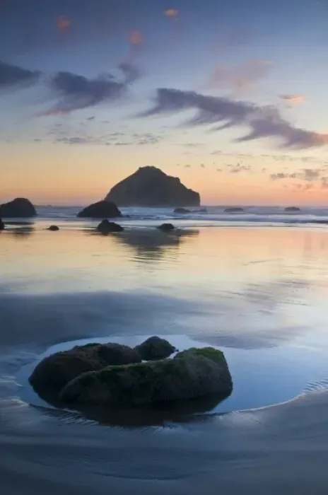 Framed Print : USA, Oregon, Bandon Beach. Face Rock at twilight on the coastline