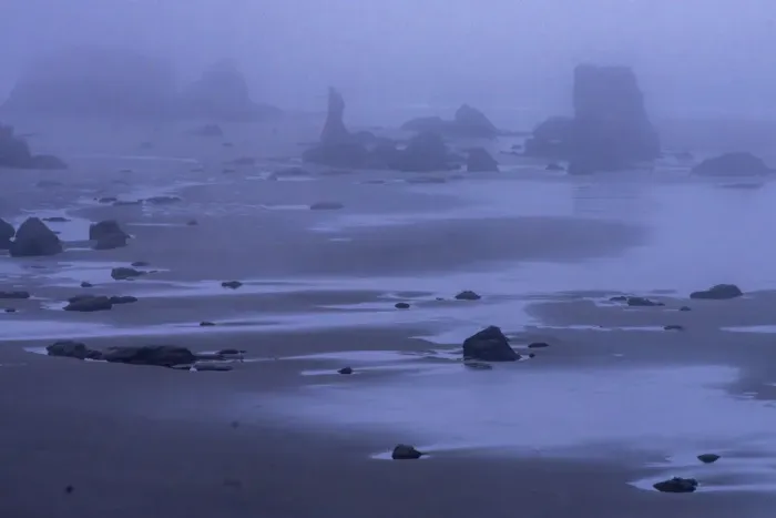 Framed Print : USA, Oregon, Bandon Beach. Foggy sunrise on beach and sea stacks Framed Print : USA, Oregon, Bandon Beach. Foggy sunrise on beach and sea stacks