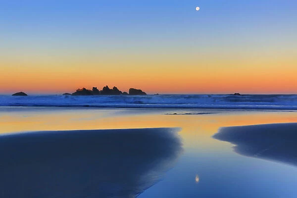 USA, Oregon, Bandon. Beach moonset at sunrise