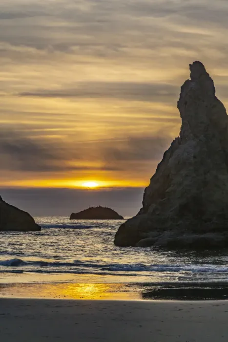 Framed Print : USA, Oregon, Bandon Beach. Pacific Ocean sea stacks at sunset