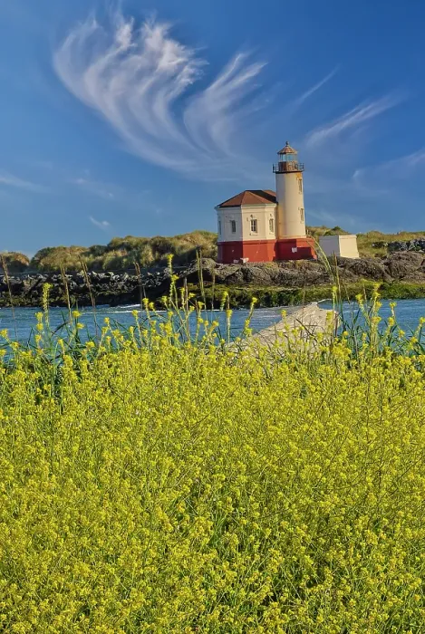 Framed Print : USA, Oregon, Bandon. Coquille River Lighthouse along the Pacific Coastline with foreground of wild mustard Framed Print : USA, Oregon, Bandon. Coquille River Lighthouse along the Pacific Coastline with foreground of wild mustard