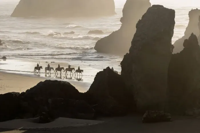 Framed Print : USA, Oregon, Bandon. Horseback riders on beach Framed Print : USA, Oregon, Bandon. Horseback riders on beach