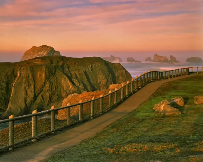 Framed Print : USA, Oregon, Bandon. Rocks viewed from trail in Bandon Ocean State Wayside Park. Credit as Framed Print : USA, Oregon, Bandon. Rocks viewed from trail in Bandon Ocean State Wayside Park. Credit as