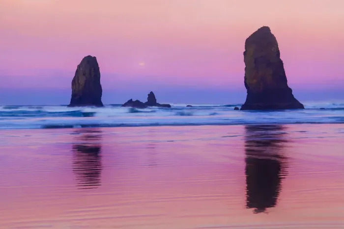 Framed Print : USA, Oregon, Bandon. Sunrise on beach sea stacks