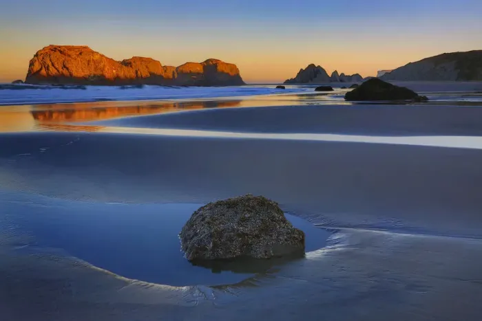 Framed Print : USA, Oregon, Bandon. Sunset on beach sea stacks
