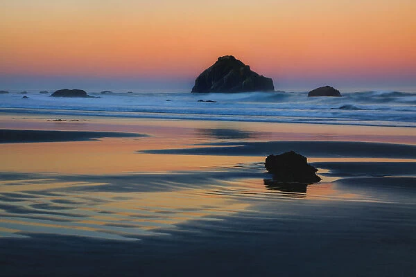 USA, Oregon, Bandon. Sunset on Face Rock sea stack