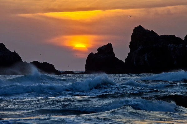 USA, Oregon, Bandon. Sunset over sea stacks