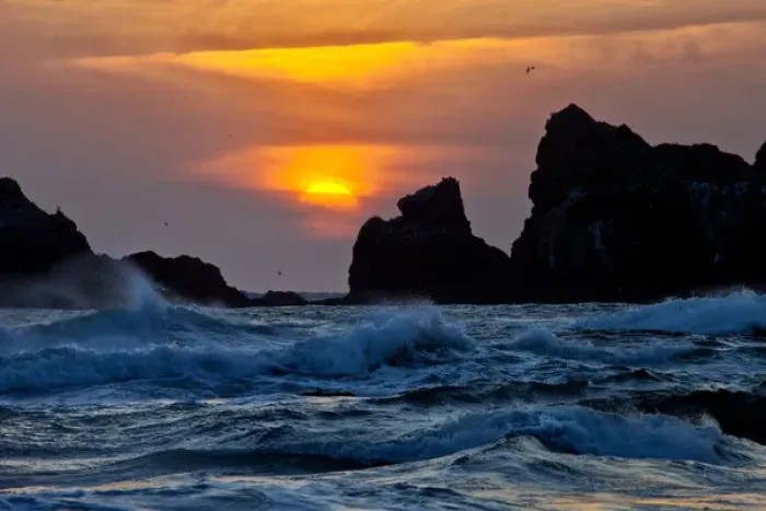 Framed Print : USA, Oregon, Bandon. Sunset over sea stacks