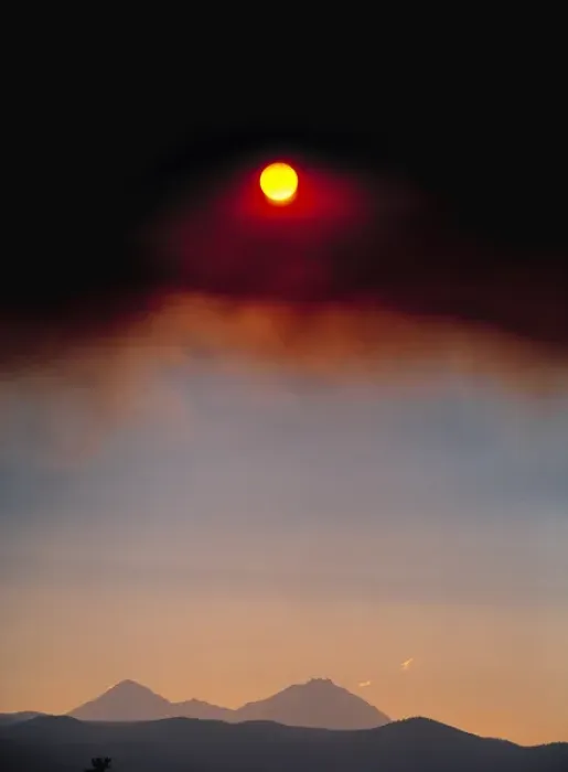 Framed Print : USA, Oregon, Bend. Smoke from forest fires partially blocks the sun in the Cascades Range