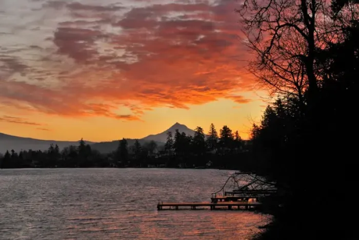 Framed Print : USA, Oregon. Blue Lake and Mt Hood at sunrise