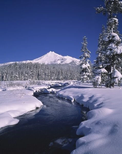 USA, Oregon, Broken Top. Soda Creek flows from the snow fields of Broken Top, Cascades Range