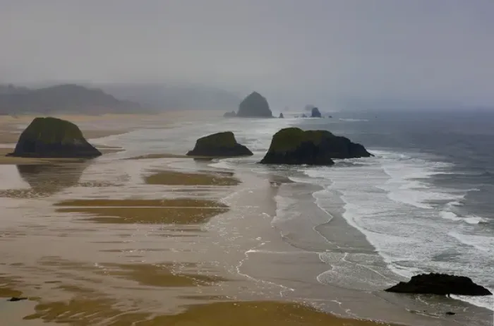Framed Print : USA, Oregon, Cannon Beach. Fogy morning on coastline at low tide Framed Print : USA, Oregon, Cannon Beach. Fogy morning on coastline at low tide