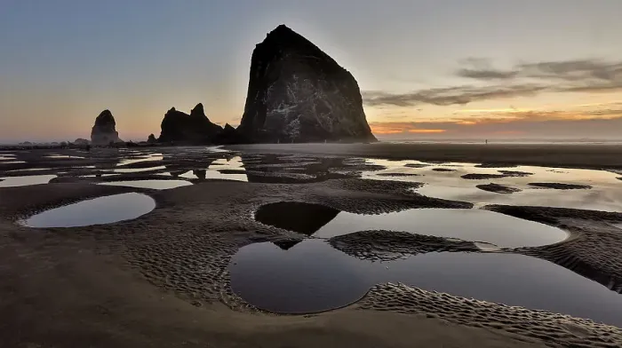 Framed Print : USA, Oregon. Cannon Beach with Haystack near sunset and low tide Framed Print : USA, Oregon. Cannon Beach with Haystack near sunset and low tide