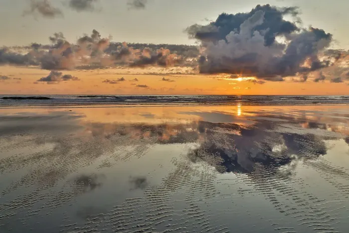 Framed Print : USA, Oregon, Cannon Beach. Sunset golden colors with ripples sandy beach Framed Print : USA, Oregon, Cannon Beach. Sunset golden colors with ripples sandy beach