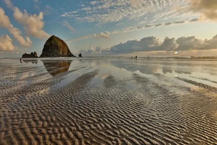 Framed Print : USA, Oregon, Cannon Beach. Sunset golden colors with ripples in sandy beach and The Haystack Rock Framed Print : USA, Oregon, Cannon Beach. Sunset golden colors with ripples in sandy beach and The Haystack Rock