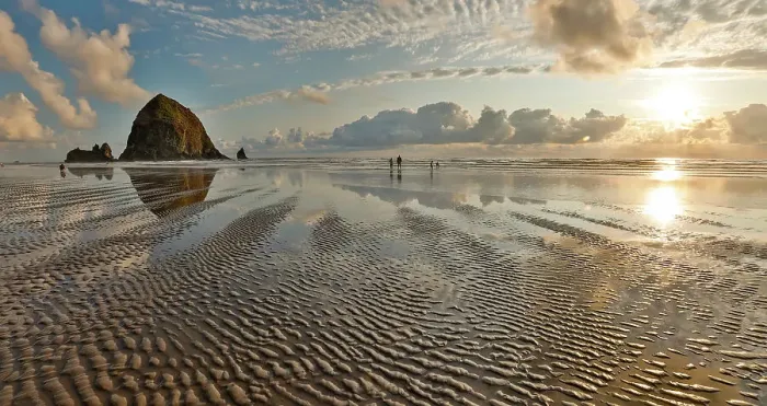 Framed Print : USA, Oregon, Cannon Beach. Sunset golden colors with ripples in sandy beach and The Haystack Rock Framed Print : USA, Oregon, Cannon Beach. Sunset golden colors with ripples in sandy beach and The Haystack Rock