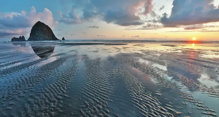 Framed Print : USA, Oregon, Cannon Beach. Sunset golden colors with ripples in sandy beach and The Haystack Rock Framed Print : USA, Oregon, Cannon Beach. Sunset golden colors with ripples in sandy beach and The Haystack Rock