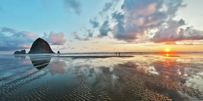 Framed Print : USA, Oregon, Cannon Beach. Sunset golden colors with ripples in sandy beach and The Haystack Rock Framed Print : USA, Oregon, Cannon Beach. Sunset golden colors with ripples in sandy beach and The Haystack Rock